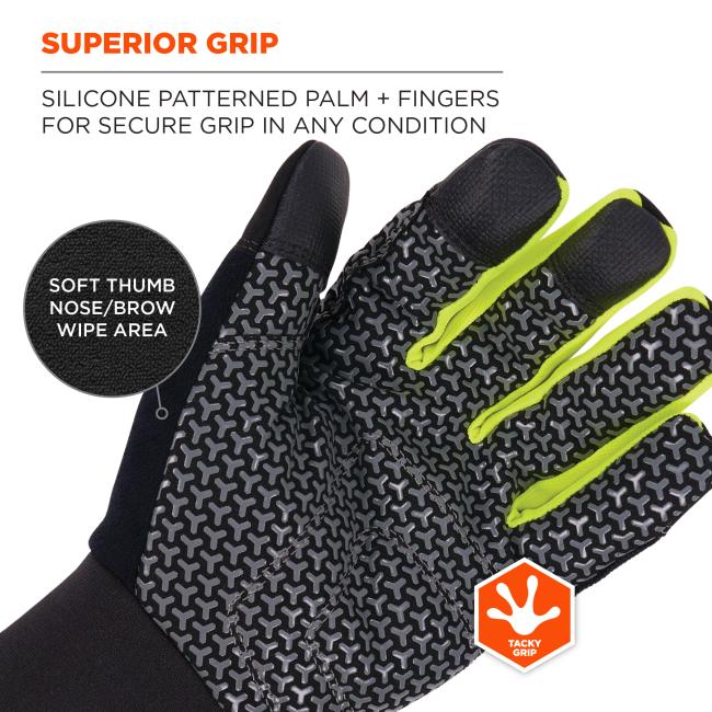Superior grip: Silicone patterned palm + fingers for secure grip in any condition. Soft thumb nose/brow wipe area
