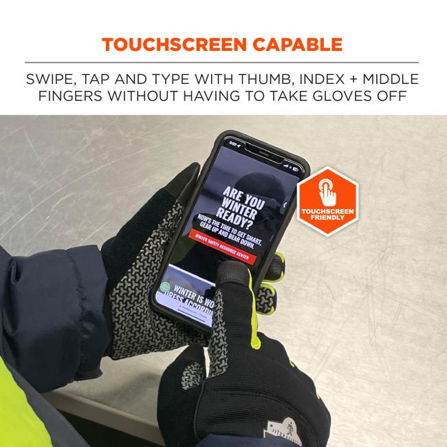 Touchscreen capable: swipe, tap and type with thumb, index and middle fingers without having to take gloves off. Touchscreen friendly