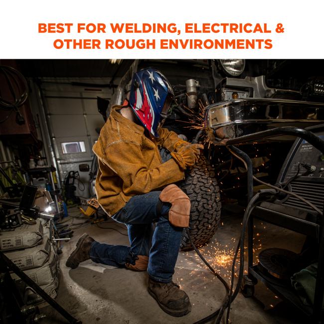 Best for welding, electrical and other rough environments. Image shows person welding with knee pads on. 