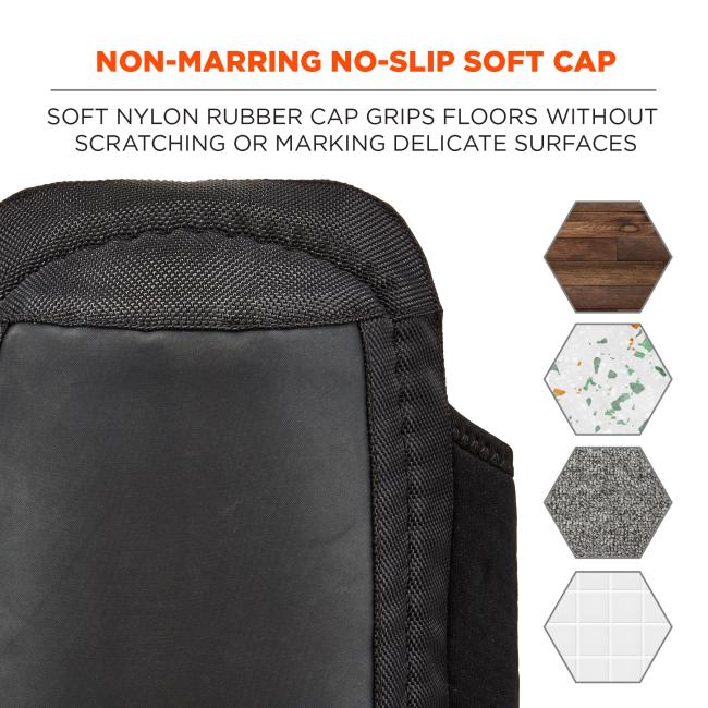 Non-marring no-slip soft cap: soft nylon rubber cap grips floors without scratching or marking delicate surfaces. Image shows different types of wood floors such as wood and tile. 