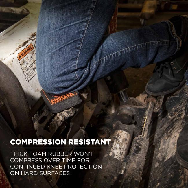 Compression resistant: thick foam rubber won’t compress over time for continued knee protection on hard surfaces. Image shows person kneeling on kneeling pad. 