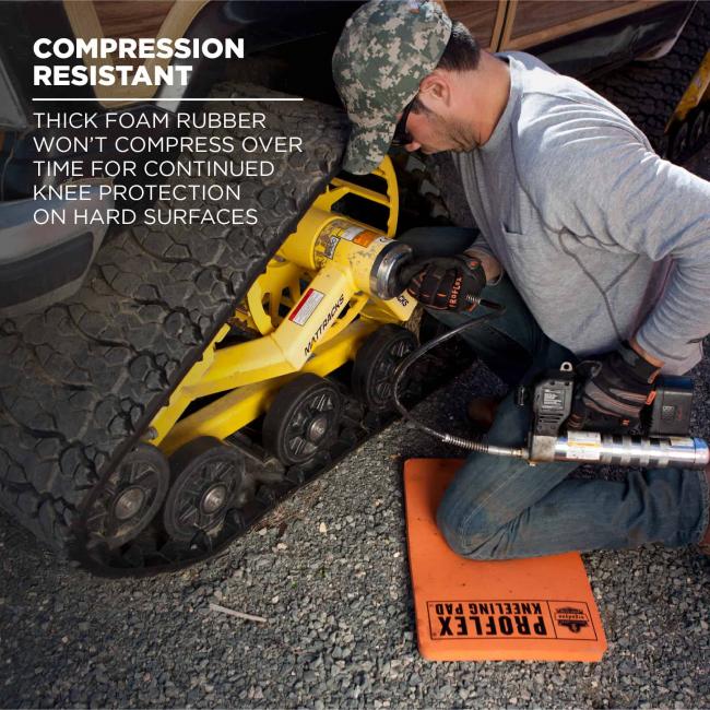 Compression resistant: thick foam rubber won’t compress over time for continued knee protection on hard surfaces. Image shows person kneeling on kneeling pad. 