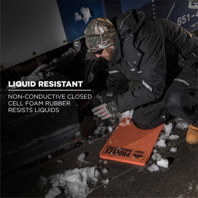 Liquid resistant: non-conductive closed cell foam rubber resists liquids. Image shows liquid resistant material. 