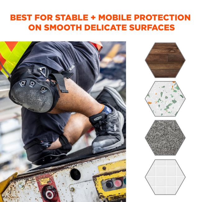 Best for stable and mobile protection on smooth delicate surfaces. Image shows different types of appropriate surfaces such as wood or tile.