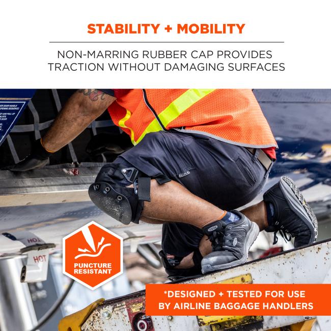 Stability and mobility: non-marring rubber cap provides traction without damaging surfaces. Puncture resistant. *Designed and tested for use by airline baggage handlers.