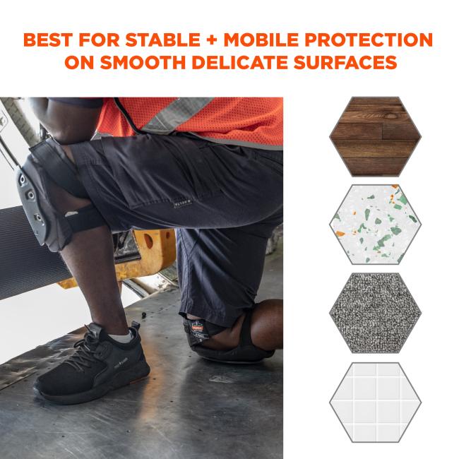 Best for stable and mobile protection on smooth delicate surfaces. Image shows a variety of floor surfaces such as wood and tile.