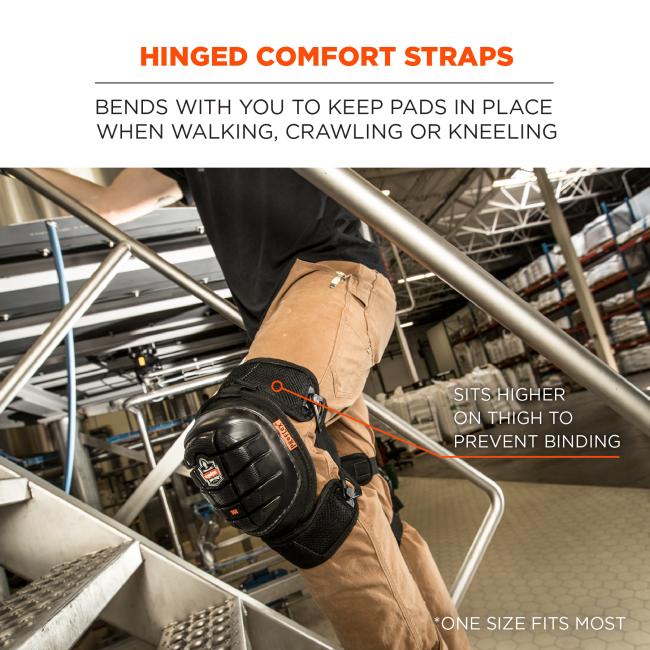 Hinged comfort straps: bends with you to keep pads in place when walking, crawling or kneeling. Sits higher on thigh to prevent binding. *One size fits most.