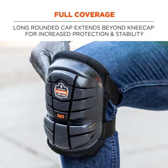 Full coverage: long rounded cap extends beyond kneecap for increased protection and stability