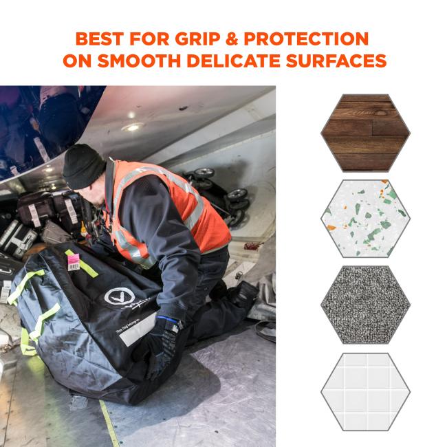 Best for grip and protection on smooth delicate surfaces. Image shows a variety of floor surfaces such as wood and tile.