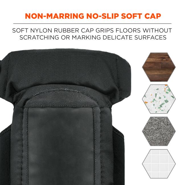 Non-marring no-slip soft cap: soft nylon rubber cap grips floors without scratching or marking delicate surfaces. Image shows different types of flooring such as wood and tile. 
