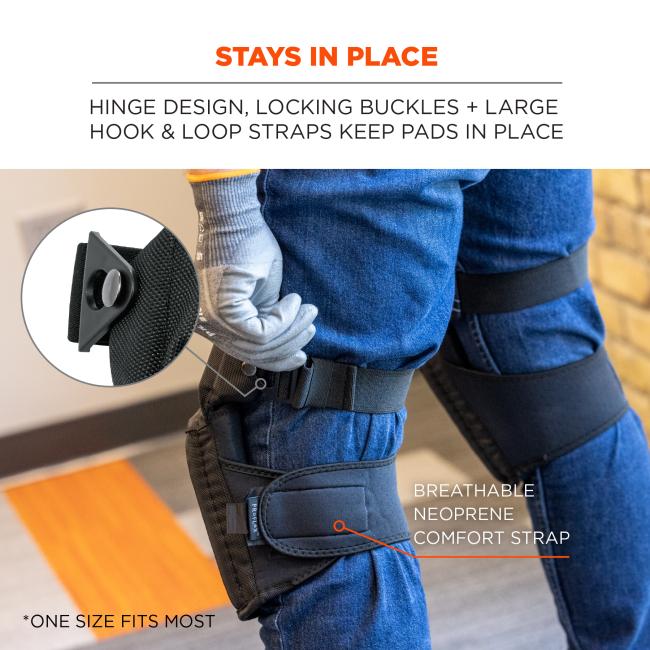 Stays in place: hinged design, locking buckles and adjustable hook and loops straps keep pads in place. *One size fits most. Breathable neoprene comfort strap.