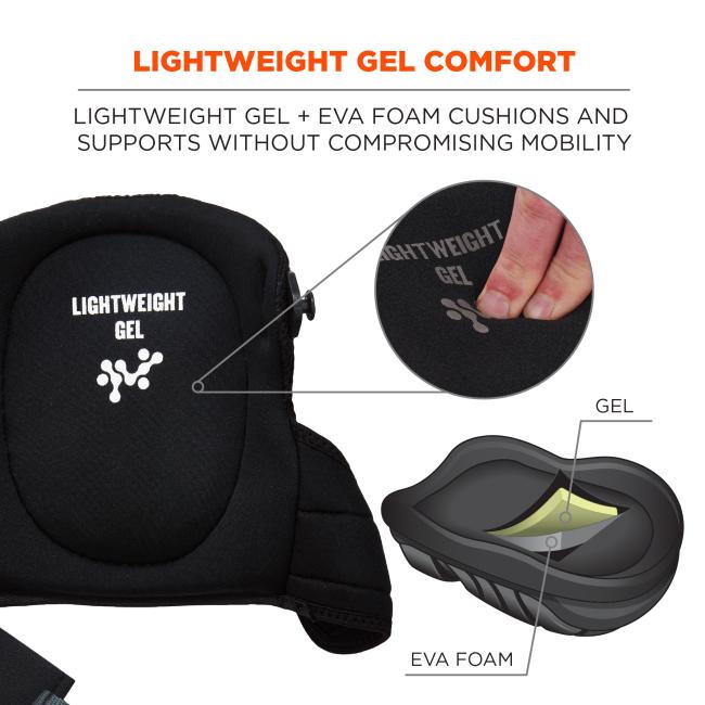 Lightweight gel comfort: lightweight gel + EVA foam cushions and supports without compromising mobility. Diagram shows layers of gel and EVA foam.