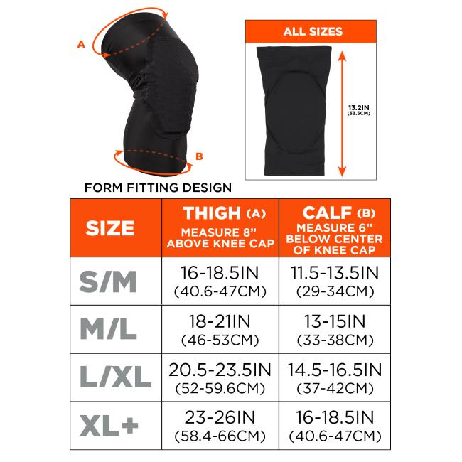 Size chart. Form fitting design. All sizes are 13.2in(33.5cm) in length. Measure (A) at thigh, 8” above knee cap. Measure (B) at calf, 6” below center of knee cap. Size S/M, A is 16-18.5in(40.6-47cm) and B is 11.5-13.5in(29-34cm). Size M/L, A is 18-21in(46-53cm) and B is 13-15in(33-38cm). Size L/XL, A is 20.5-23.5in(52-59.6cm) and B is 14.5-16.5in(37-42cm). Size XL+, A is 23-26in(58.4-66cm) and B is 16-18.5in(40.6-47cm). 