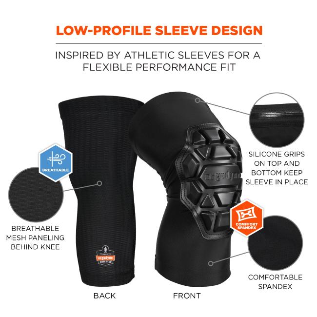 Low-profile sleeve design: inspired by athletic sleeves for a flexible performance fit. Breathable mesh paneling behind the knee. Silicone grips on top and bottom keep sleeve in place. Comfortable spandex. Image shows front and back of knee sleeves. Non-marring soft pad: provides protection, support and stability without damaging surfaces. Great for wood, terrazzo, carpet and tile. 