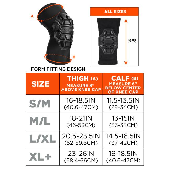 Size chart. Form fitting design. All sizes are 13.2in(33.5cm) in length. Measure (A) at thigh, 8” above knee cap. Measure (B) at calf, 6” below center of knee cap. Size S/M, A is 16-18.5in(40.6-47cm) and B is 11.5-13.5in(29-34cm). Size M/L, A is 18-21in(46-53cm) and B is 13-15in(33-38cm). Size L/XL, A is 20.5-23.5in(52-59.6cm) and B is 14.5-16.5in(37-42cm). Size XL+, A is 23-26in(58.4-66cm) and B is 16-18.5in(40.6-47cm). 