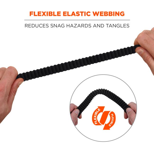 Flexible elastic webbing: reduces snag hazards and tangles. Image shows hands stretching lanyard, and arrows say “flexible”
