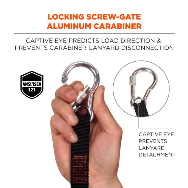 Locking screw-gate aluminum carabiner: captive eye predicts load direction & prevents carabiner-lanyard disconnection. Image shows detail of carabiner and text near image says “captive eye prevents lanyard detachment”. Icon on lower left says “ANSI/ISEA 121”. ANSI/ISEA 121 compliant .