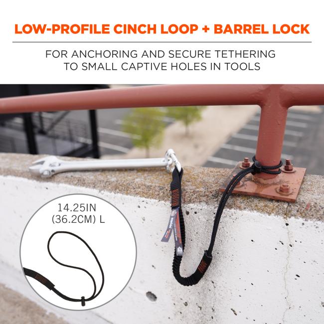 Low-profile cinch loop + barrel lock: for anchoring and secure tethering to small captive holes in tools. Image shows lanyard tethered to building. Detail shows cinch loop and text says “14.25in (36.2cm) L