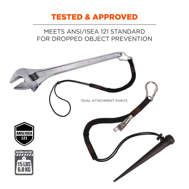 Tested and approved: meets ANSI/ISEA 121 standard for dropped object prevention. Image shows lanyard attached to tools. Text near image says *dual attachment points. Icons on lower left say “maximum load limit: 15 lbs (6.8kg)” and “Ansi/ISEA 121”. ANSI/ISEA 121 compliant