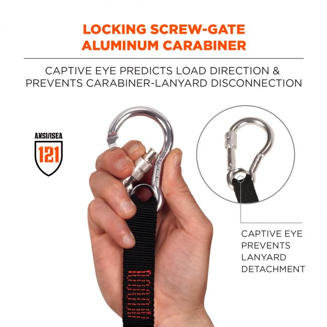 Locking screw-gate aluminum carabiner: captive eye predicts load direction & prevents carabiner-lanyard disconnection. Image shows detail of carabiner and text near image says “captive eye prevents lanyard detachment”. Icon on lower left says “ANSI/ISEA 121”
