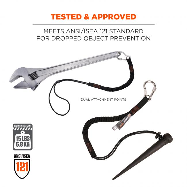 Tested and approved: meets ANSI/ISEA 121 standard for dropped object prevention. Image shows lanyard attached to tools. Text near image says *dual attachment points. Icons on lower left say “maximum load limit: 15 lbs (6.8kg)” and “Ansi/ISEA 121”
