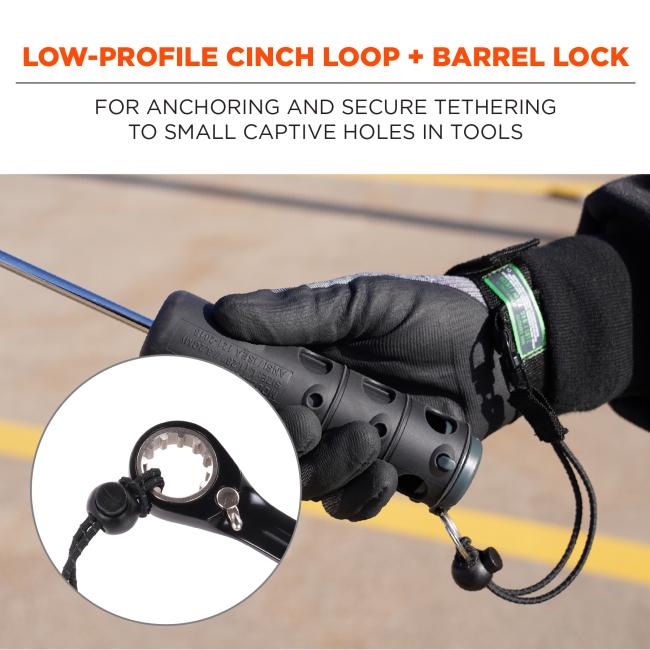Low-profile cinch loop and barrel lock: for anchoring and secure tethering to small captive holes in tools