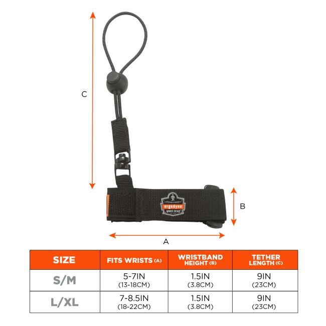 Size chart: Small or large. Small: Tether length of 9 inches or 23cm. Wristband height of 1.5 inches or 3.8cm. Fits wrists 5-7 inches or 13-18cm. Large: Tether length of 9 inches or 23cm. Wristband height of 1.5 inches or 3.8cm. Fits wrists 7-8.5 inches or 18-2cm