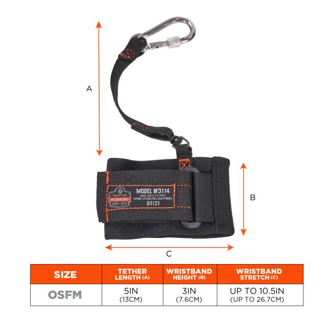 Size chart: one size fits most. Tether length of 5 inches or 13cm. Wristband height of 3 inches or 7.6cm. Wristband stretch of up to 10.5 inches or 26.7cm