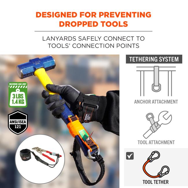Designed for preventing dropped tools: lanyards safely connect to tool's connection points. Maximum load limit of 3 lbs or 1.4kg. ANSI/ISEA 121 compliant. Tool attachment