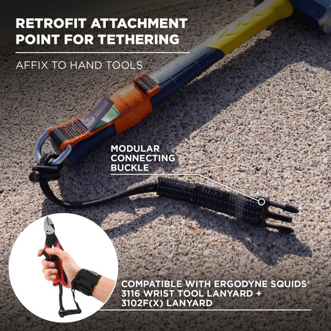 Retrofit attachment point for tethering: affix to hand tools. Modular connecting buckle. Compatible with 3116 tool lanyard and 3102f(x) lanyard
