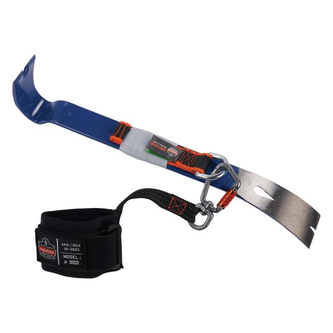 pull-on wrist lanyard with carabiner attached to a prybar