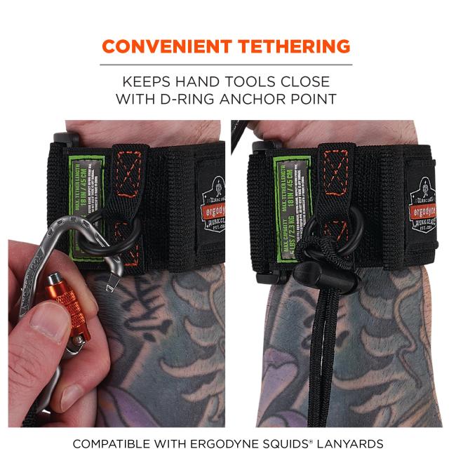 Convenient tethering: keeps hand tools close with d-ring anchor point. Compatible with Ergodyne squids lanyards