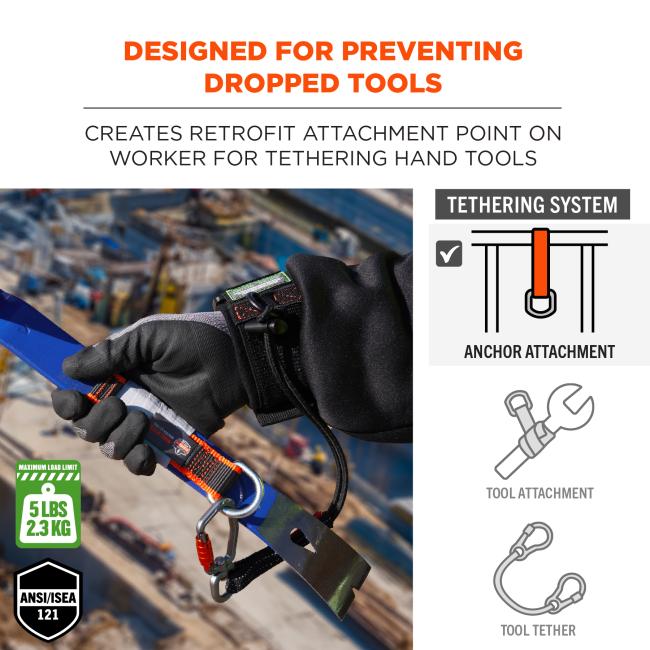 Designed for preventing dropped tools. creates retrofit attachment point on worker for tethering hand tools. ANSI/ISEA 121 compliant. Maximum load limit of 5 lbs or 2.3 kg. Anchor attachment