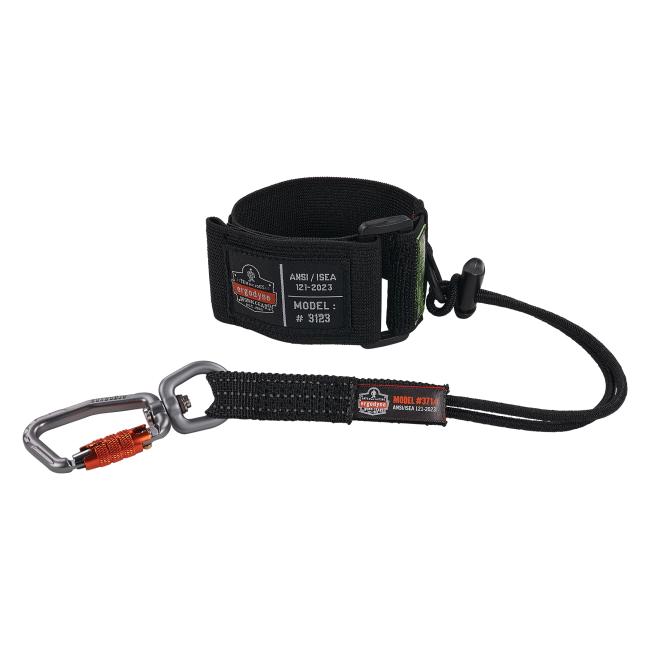 tool wristband with d-ring anchor attached to a carabiner lanyard