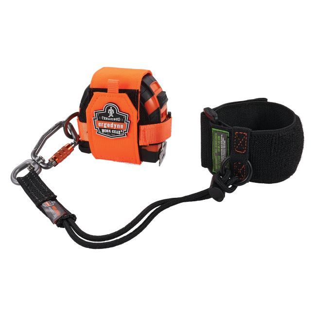 tool wristband with d-ring anchor attached to a tape measure trap