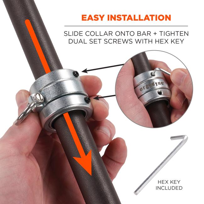 Easy installation: slide collar onto bar and tighten dual set screws with hex key (included)
