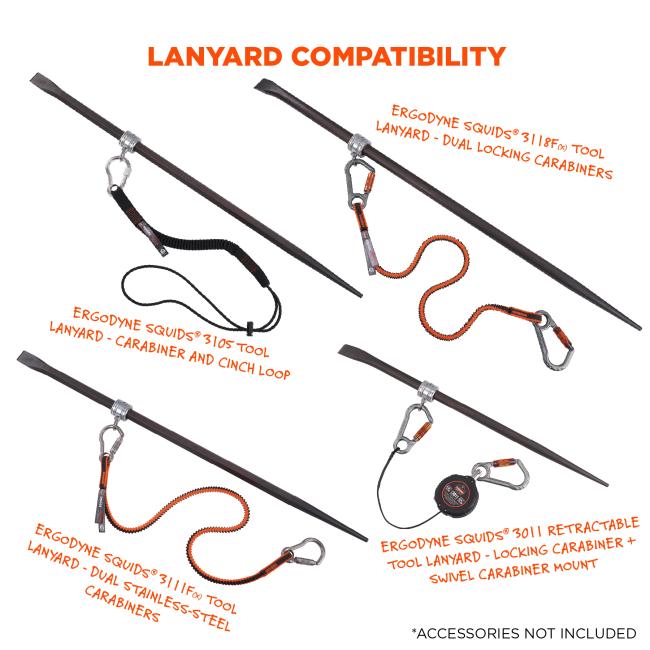 Lanyard compatibility: Compatible with Ergodyne Squids Lanyards: 3105, 3118F, 3111F(x), and 3011. Accessories not included