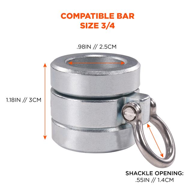 Compatible bar size: 3-quarters and 7 eighths of an inch. Diameter of .98 inches or 2.5 cm. Height of 1.18 inches or 3cm. Shackle opening of .55 inch or 1.4 cm