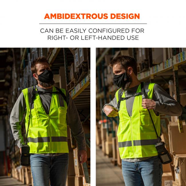 Ambidextrous design: can be easily configured for right- or left-handed use. Image shows warehouse worker using scanner harness on both sides. 
