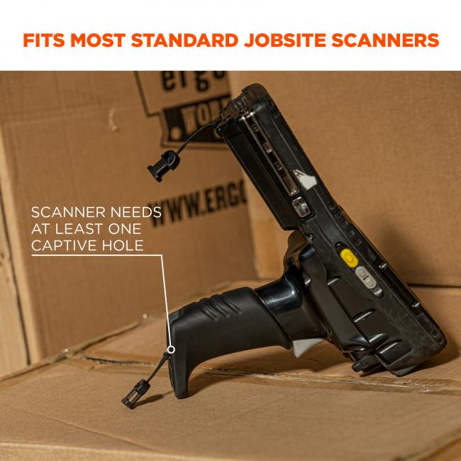 Fits most standard jobsite scanners. Image shows scanner and says “scanner needs at least one captive hole”