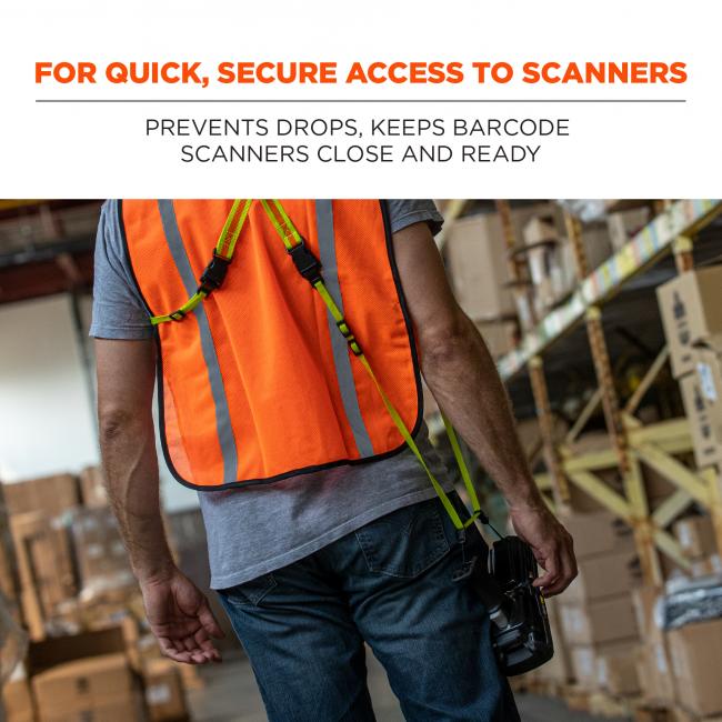 For quick, secure access to scanner: prevents drops, keeps barcode scanners close and ready. Image shows warehouse worker with scanner and scanner harness