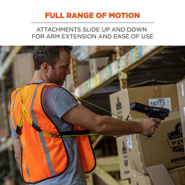  Full range of motion: attachments slide up and down for arm extension and ease of use. Image shows warehouse worker easily using scanner while attached to harness. 