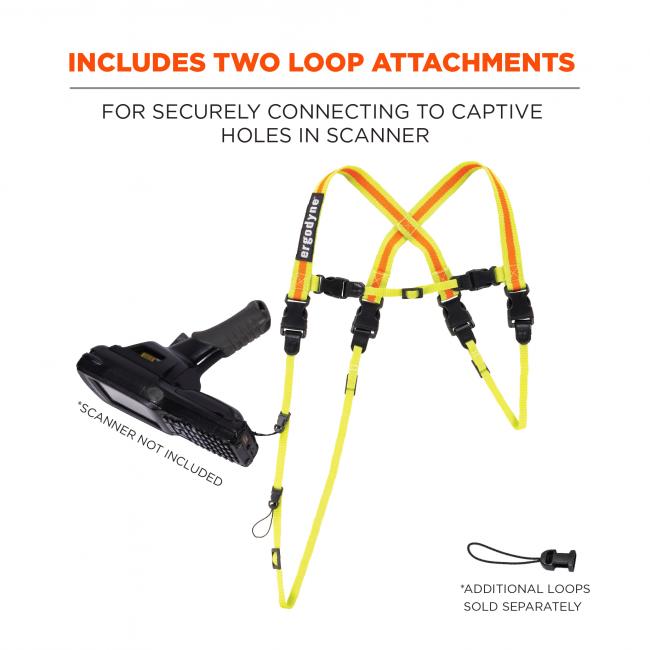 Includes two loop attachments: for securely connecting to captive holes in scanner. Image shows scanner attached to harness and says “*scanner not included” and “*additional loops sold separately” 