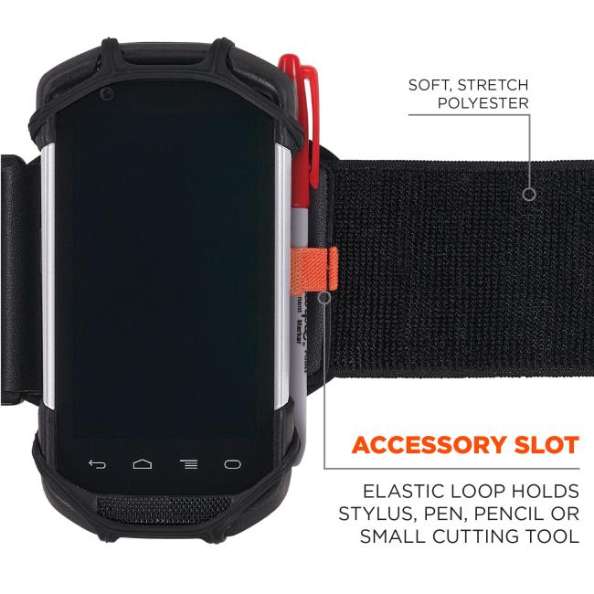 Accessory slot: elastic loop holds stylus, pen, pencil or small cutting tool. Band made of soft, stretch polyester