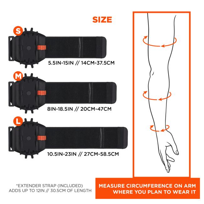Size small fits circumference of 5.5 to 15 inches or 14cm to 37.5cm. Medium fits circumference of 8 to 18.5 inches or 20cm to 47cm. Large first circumference of 10.5 to 23 inches or 27cm or 58.5c,. Extender strapp (included) adds up to 12 inches or 30.5cm of length. Measure circumference on arm where you plan to wear it