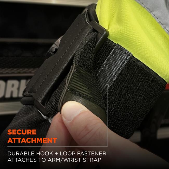 Secure attachment: durable hook and loop fastener attaches to arm and wrist strap