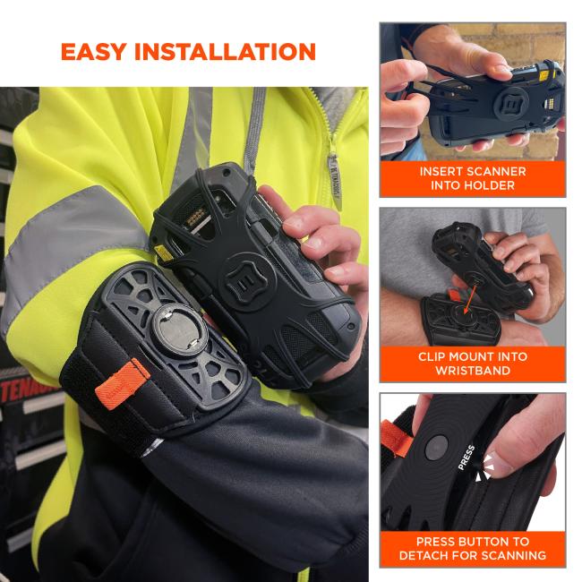 Easy installation: insert scanner into holder, clip mount into wristband, and press button to detach for scanning