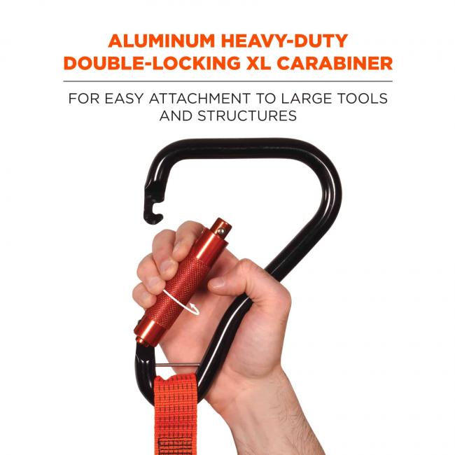 Aluminum heavy-duty double-locking XL carabiner: for easy attachment to large tools and structures. Arrow indicates twisting motion