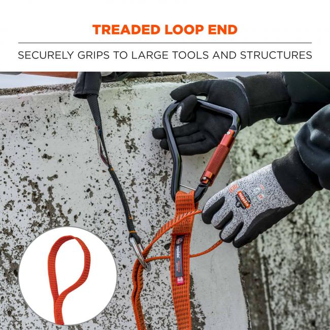 Treaded loop end: Securely grips to large tools and structures