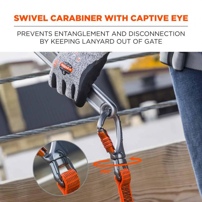 Swivel carabiner with captive eye: prevents entanglement and disconnection by keeping lanyard out of gate